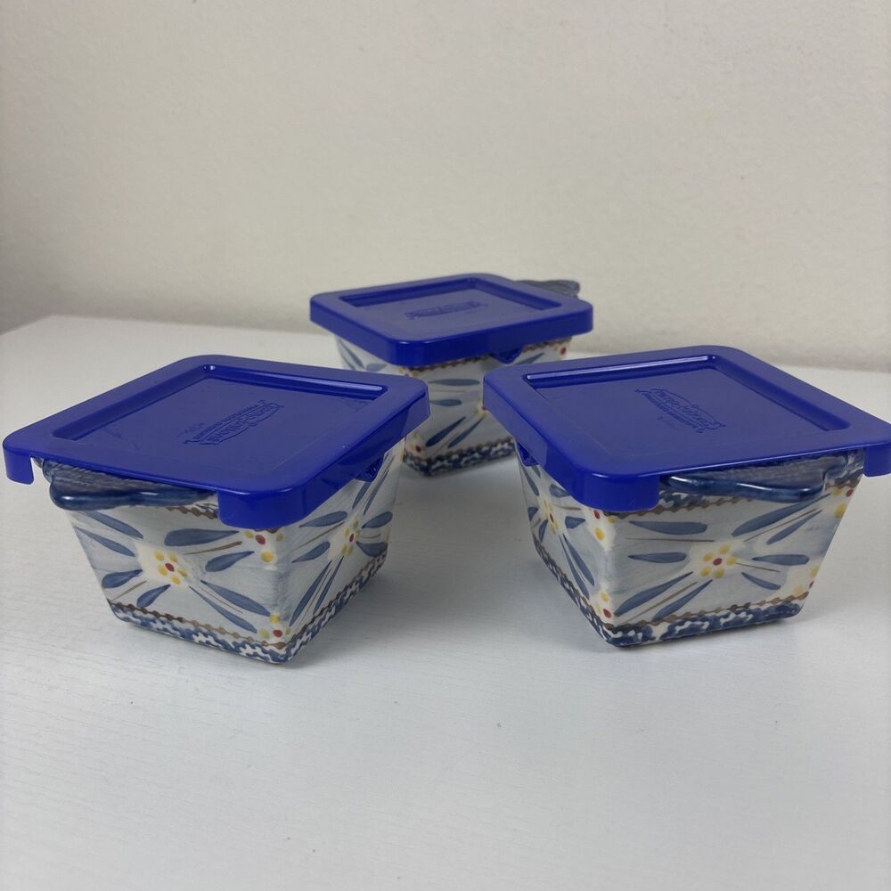 Temptations Ramekin Old World Blue Baking Dish Lids 3.75" Square 10 oz Set of 3